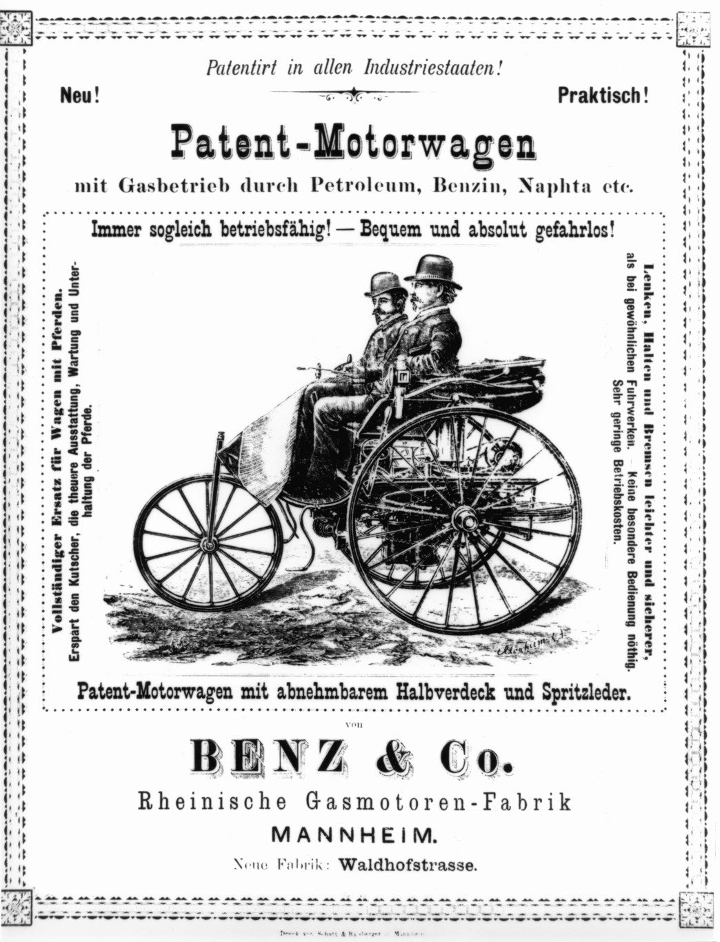 Early advertisement for the Benz & Co. Patent-Motorwagen.