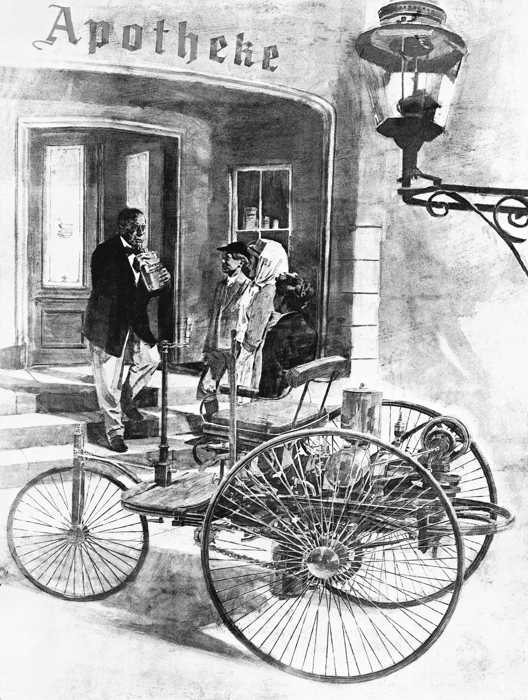 illustration of Bertha and the boys in 1886 Benz Patent Motorwagen